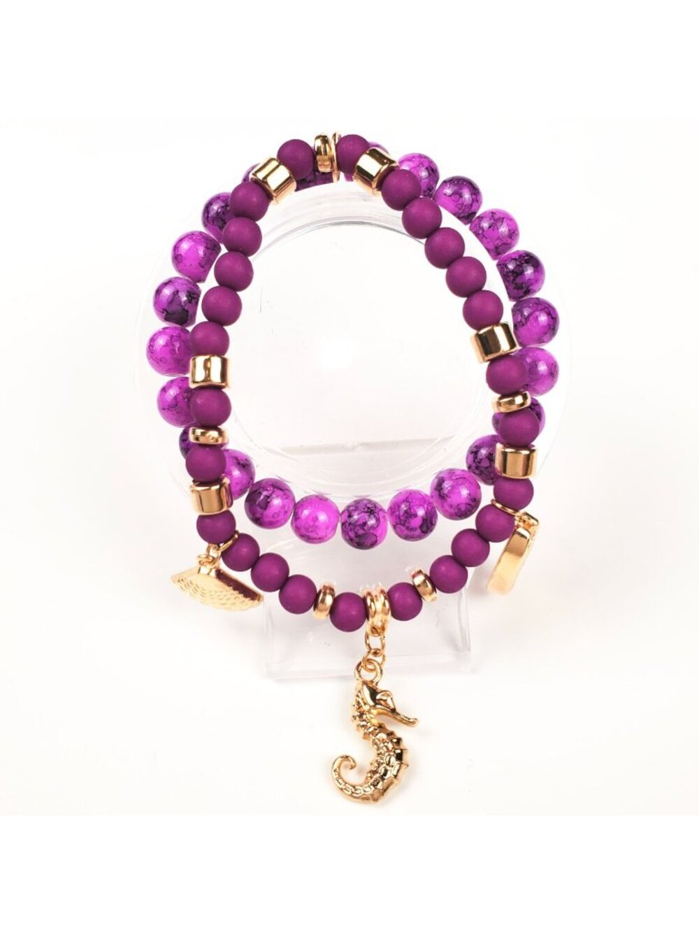 Purple Beaded Stretch Bracelet Set With Gold Shell Seahorse & Cowrie Charms